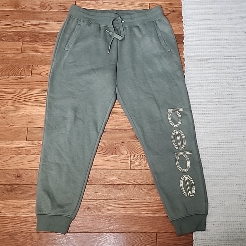 BEBE SPORT Joggers XL Green Studded Logo Sweatpants Lounge Active Athleisure‎